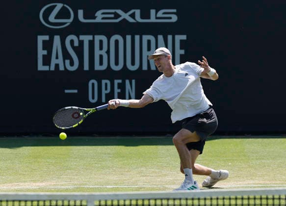 RECORD DATE NOT STATED 25th June 2026; Devonshire Park Lawn Tennis Club, Eastbourne, East Sussex, England; Lexus Eastbourne Open Tennis, Day Five; Jan Choinski (GBR) plays a forehands shot against Zizou Bergs (BEL) HongboxChen