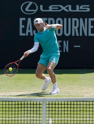 RECORD DATE NOT STATED 25th June 2026; Devonshire Park Lawn Tennis Club, Eastbourne, East Sussex, England; Lexus Eastbourne Open Tennis, Day Five; Zizou Bergs (BEL) plays a forehands shot against Jan Choinski (GBR) HongboxChen