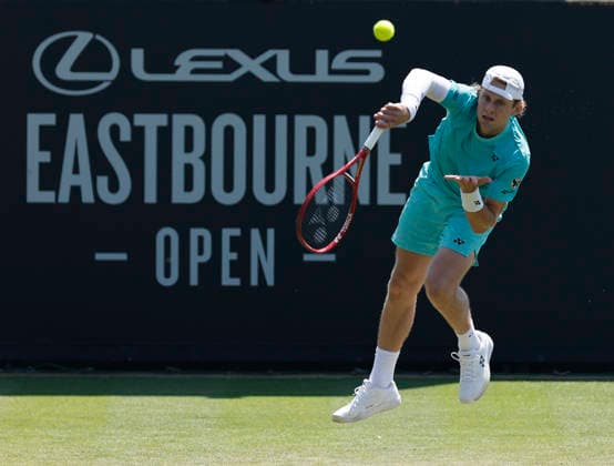 RECORD DATE NOT STATED 25th June 2026; Devonshire Park Lawn Tennis Club, Eastbourne, East Sussex, England; Lexus Eastbourne Open Tennis, Day Five; Zizou Bergs (BEL) serves to Jan Choinski (GBR) HongboxChen