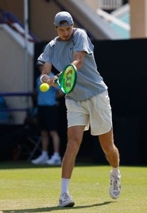 RECORD DATE NOT STATED 25th June 2026; Devonshire Park Lawn Tennis Club, Eastbourne, East Sussex, England; Lexus Eastbourne Open Tennis, Day Five; Toby Samuel (GBR) plays a backhand shot against Juan Manuel Cerundoli (ARG) HongboxChen
