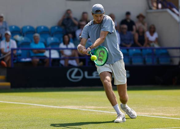 RECORD DATE NOT STATED 25th June 2026; Devonshire Park Lawn Tennis Club, Eastbourne, East Sussex, England; Lexus Eastbourne Open Tennis, Day Five; Toby Samuel (GBR) plays a backhand shot against Juan Manuel Cerundoli (ARG) HongboxChen