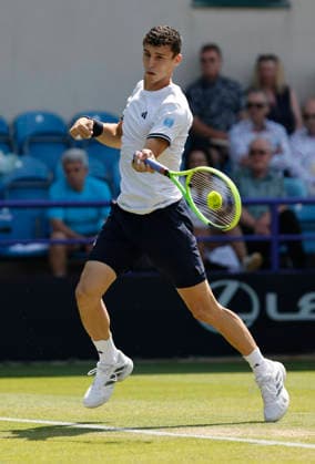 RECORD DATE NOT STATED 25th June 2026; Devonshire Park Lawn Tennis Club, Eastbourne, East Sussex, England; Lexus Eastbourne Open Tennis, Day Five; Juan Manuel Cerundoli (ARG) plays a forehand shot against Toby Samuel (GBR) HongboxChen