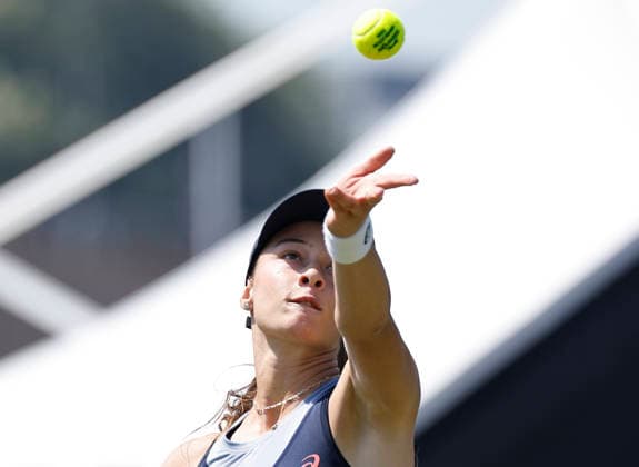 RECORD DATE NOT STATED 25th June 2026; Devonshire Park Lawn Tennis Club, Eastbourne, East Sussex, England; Lexus Eastbourne Open Tennis, Day Five; Jelena Ostapenko (LAT) plays a backhand shot against Zeynep sonmez (TUR) HongboxChen