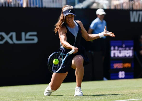 RECORD DATE NOT STATED 25th June 2026; Devonshire Park Lawn Tennis Club, Eastbourne, East Sussex, England; Lexus Eastbourne Open Tennis, Day Five; Zeynep sonmez (TUR) plays a forehand shot against Jelena Ostapenko (LAT) HongboxChen