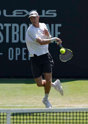 RECORD DATE NOT STATED 25th June 2026; Devonshire Park Lawn Tennis Club, Eastbourne, East Sussex, England; Lexus Eastbourne Open Tennis, Day Five; Jan Choinski (GBR) plays a forehands shot against Zizou Bergs (BEL) HongboxChen