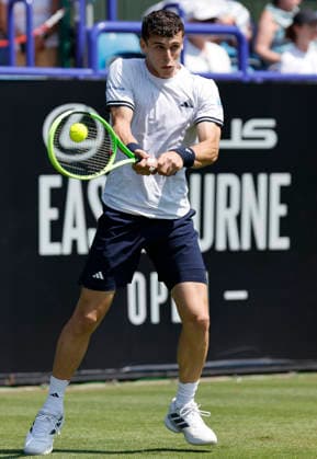 RECORD DATE NOT STATED 25th June 2026; Devonshire Park Lawn Tennis Club, Eastbourne, East Sussex, England; Lexus Eastbourne Open Tennis, Day Five; Juan Manuel Cerundoli (ARG) plays a backhand shot against Toby Samuel (GBR) HongboxChen