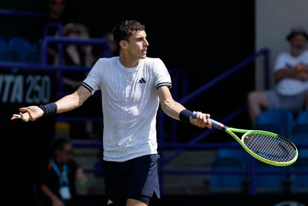 RECORD DATE NOT STATED 25th June 2026; Devonshire Park Lawn Tennis Club, Eastbourne, East Sussex, England; Lexus Eastbourne Open Tennis, Day Five; Juan Manuel Cerundoli (ARG) shows emotion in the match against Toby Samuel (GBR) HongboxChen