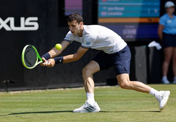 RECORD DATE NOT STATED 25th June 2026; Devonshire Park Lawn Tennis Club, Eastbourne, East Sussex, England; Lexus Eastbourne Open Tennis, Day Five; Juan Manuel Cerundoli (ARG) plays a backhand shot against Toby Samuel (GBR) HongboxChen