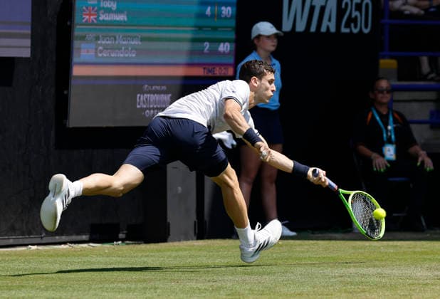 RECORD DATE NOT STATED 25th June 2026; Devonshire Park Lawn Tennis Club, Eastbourne, East Sussex, England; Lexus Eastbourne Open Tennis, Day Five; Juan Manuel Cerundoli (ARG) plays a forehand shot against Toby Samuel (GBR) HongboxChen