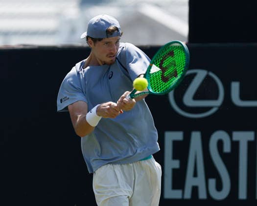 RECORD DATE NOT STATED 25th June 2026; Devonshire Park Lawn Tennis Club, Eastbourne, East Sussex, England; Lexus Eastbourne Open Tennis, Day Five; Toby Samuel (GBR) plays a backhand shot against Juan Manuel Cerundoli (ARG) HongboxChen
