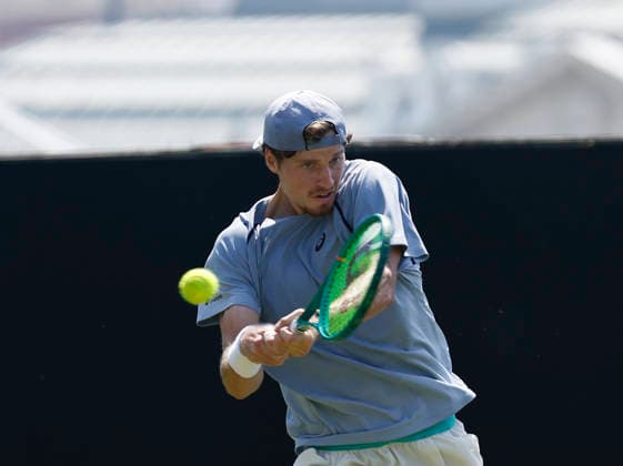 RECORD DATE NOT STATED 25th June 2026; Devonshire Park Lawn Tennis Club, Eastbourne, East Sussex, England; Lexus Eastbourne Open Tennis, Day Five; Toby Samuel (GBR) plays a backhand shot against Juan Manuel Cerundoli (ARG) HongboxChen