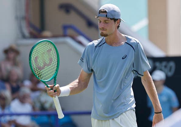 RECORD DATE NOT STATED 25th June 2026; Devonshire Park Lawn Tennis Club, Eastbourne, East Sussex, England; Lexus Eastbourne Open Tennis, Day Five; Toby Samuel (GBR) celebrates as he winning the first set over Juan Manuel Cerundoli (ARG) HongboxChen