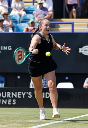RECORD DATE NOT STATED 25th June 2026; Devonshire Park Lawn Tennis Club, Eastbourne, East Sussex, England; Lexus Eastbourne Open Tennis, Day Five; Jelena Ostapenko (LAT) plays a forehand shot against Zeynep sonmez (TUR) HongboxChen