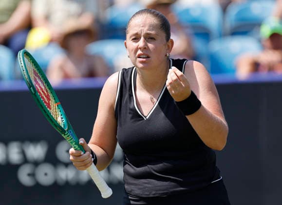 RECORD DATE NOT STATED 25th June 2026; Devonshire Park Lawn Tennis Club, Eastbourne, East Sussex, England; Lexus Eastbourne Open Tennis, Day Five; Jelena Ostapenko (LAT) shows emotion in the match against Zeynep sonmez (TUR) HongboxChen