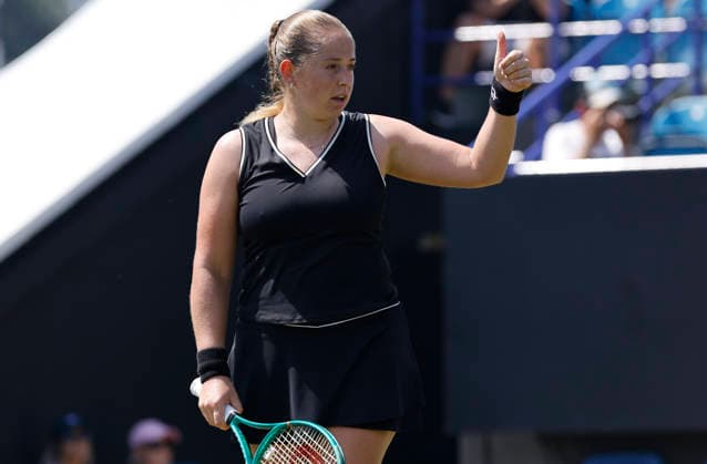 RECORD DATE NOT STATED 25th June 2026; Devonshire Park Lawn Tennis Club, Eastbourne, East Sussex, England; Lexus Eastbourne Open Tennis, Day Five; Jelena Ostapenko (LAT) shows emotion in the match against Zeynep sonmez (TUR) HongboxChen