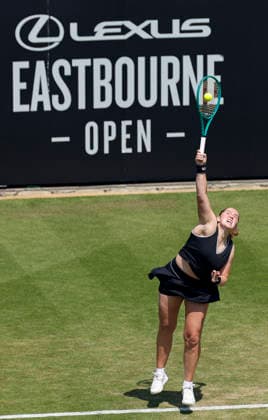 RECORD DATE NOT STATED 25th June 2026; Devonshire Park Lawn Tennis Club, Eastbourne, East Sussex, England; Lexus Eastbourne Open Tennis, Day Five; Jelena Ostapenko (LAT) serves to Zeynep sonmez (TUR) HongboxChen