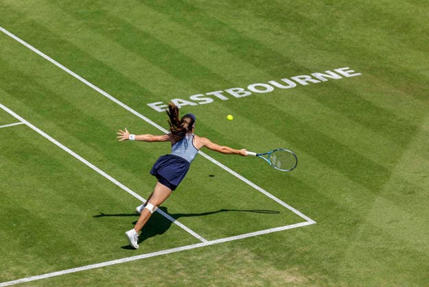 RECORD DATE NOT STATED 25th June 2026; Devonshire Park Lawn Tennis Club, Eastbourne, East Sussex, England; Lexus Eastbourne Open Tennis, Day Five; Zeynep Sonmez (TUR) plays a forehand shot against Jelena Ostapenko (LAT) HongboxChen
