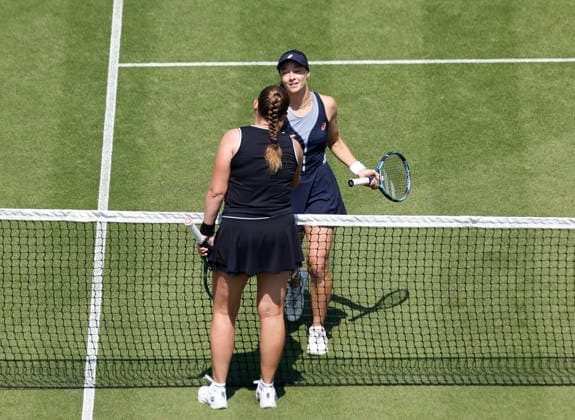 RECORD DATE NOT STATED 25th June 2026; Devonshire Park Lawn Tennis Club, Eastbourne, East Sussex, England; Lexus Eastbourne Open Tennis, Day Five; Jelena Ostapenko (LAT) shakes hands with Zeynep Sonmez (TUR) after the match HongboxChen