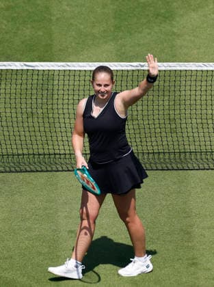 RECORD DATE NOT STATED 25th June 2026; Devonshire Park Lawn Tennis Club, Eastbourne, East Sussex, England; Lexus Eastbourne Open Tennis, Day Five; Jelena Ostapenko (LAT) celebrates after defeating Zeynep Sonmez (TUR) HongboxChen