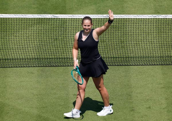 RECORD DATE NOT STATED 25th June 2026; Devonshire Park Lawn Tennis Club, Eastbourne, East Sussex, England; Lexus Eastbourne Open Tennis, Day Five; Jelena Ostapenko (LAT) celebrates after defeating Zeynep Sonmez (TUR) HongboxChen