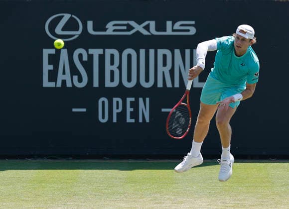 RECORD DATE NOT STATED 25th June 2026; Devonshire Park Lawn Tennis Club, Eastbourne, East Sussex, England; Lexus Eastbourne Open Tennis, Day Five; Zizou Bergs (BEL) serves to Jan Choinski (GBR) HongboxChen