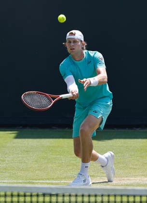RECORD DATE NOT STATED 25th June 2026; Devonshire Park Lawn Tennis Club, Eastbourne, East Sussex, England; Lexus Eastbourne Open Tennis, Day Five; Zizou Bergs (BEL) plays a forehands shot against Jan Choinski (GBR) HongboxChen