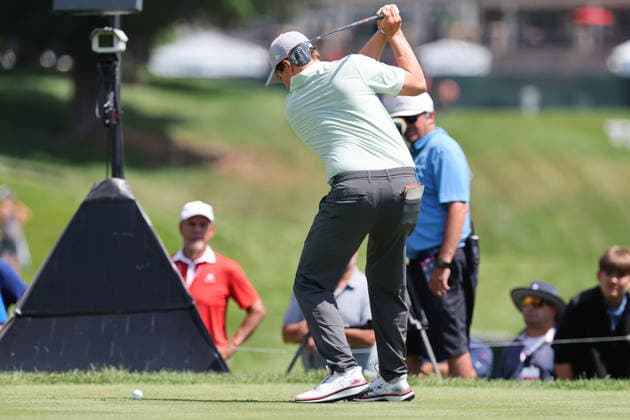 CROMWELL, CT - JUNE 25: Matt Fitzpatrick of the England hits the ball on the second tee during the first round of the Travelers Championship 2026 at TPC River Highlands on June 25, 2026 in Cromwell, Connecticut. (Photo by Andrew Mordzynski Icon Sportswire) GOLF: JUN 25 PGA, Golf Herren Travelers Championship EDITORIAL USE ONLY Icon2606258012843
