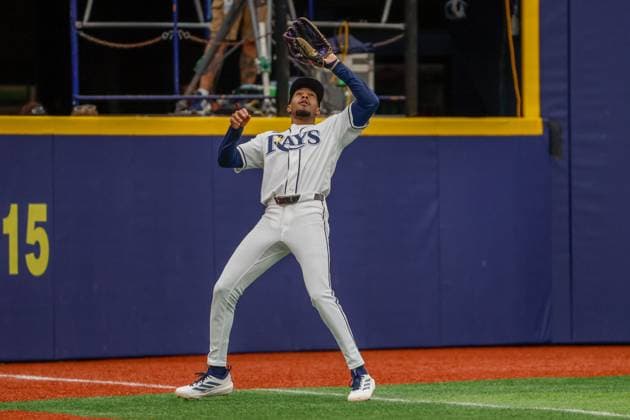 June 25, 2026, St. Petersburg, Florida, USA: Tampa Bay Rays left fielder Chandler Simpson (14) catches a pop fly hit by Kansas City Royals catcher Carter Jensen (22) for an out during the first inning at Tropicana Field on Thursday, June 25, 2026, in St. Petersburg. St. Petersburg USA - ZUMAs70_ 0860023388st Copyright: xJeffereexWoox