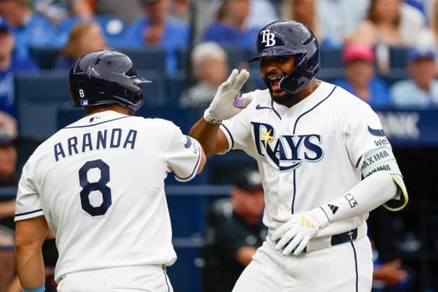 June 25, 2026, St. Petersburg, Florida, USA: Tampa Bay Rays third baseman Junior Caminero (13) high-fives first baseman Jonathan Aranda (8), after he hits a two-run homer off of Kansas City Royals pitcher Seth Lugo (67) during the first inning at Tropicana Field on Thursday, June 25, 2026, in St. Petersburg. St. Petersburg USA - ZUMAs70_ 0860023726st Copyright: xJeffereexWoox