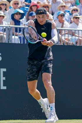 RECORD DATE NOT STATED 25th June 2026; Devonshire Park Lawn Tennis Club, Eastbourne, East Sussex, England; Lexus Eastbourne Open Tennis, Day Five; Jack Draper (GBR) plays a backhand against Gabriel Diallo (CAN) HongboxChen