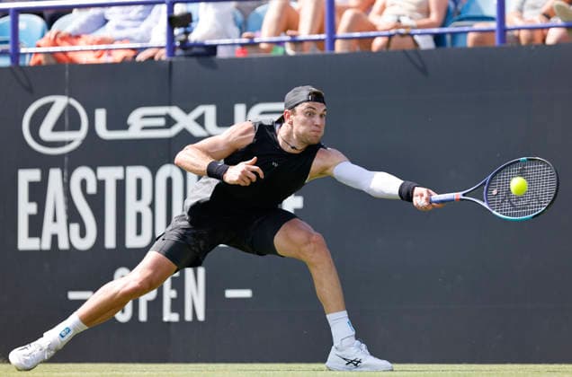 RECORD DATE NOT STATED 25th June 2026; Devonshire Park Lawn Tennis Club, Eastbourne, East Sussex, England; Lexus Eastbourne Open Tennis, Day Five; Jack Draper (GBR) plays a forehand against Gabriel Diallo (CAN) HongboxChen
