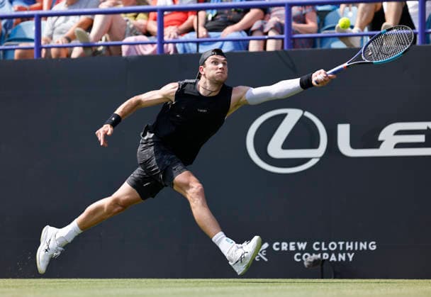 RECORD DATE NOT STATED 25th June 2026; Devonshire Park Lawn Tennis Club, Eastbourne, East Sussex, England; Lexus Eastbourne Open Tennis, Day Five; Jack Draper (GBR) plays a forehand against Gabriel Diallo (CAN) HongboxChen