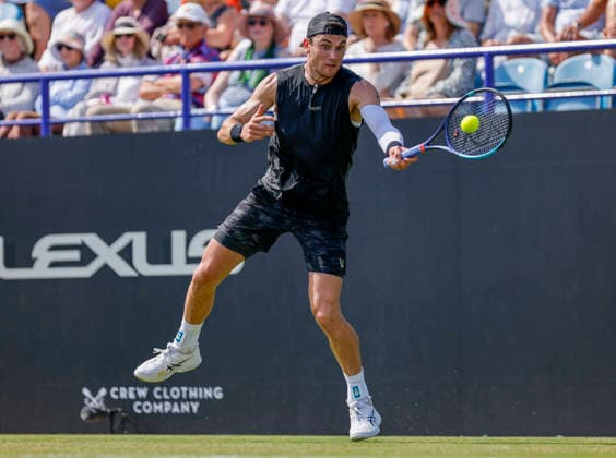 RECORD DATE NOT STATED 25th June 2026; Devonshire Park Lawn Tennis Club, Eastbourne, East Sussex, England; Lexus Eastbourne Open Tennis, Day Five; Jack Draper (GBR) plays a forehand against Gabriel Diallo (CAN) HongboxChen