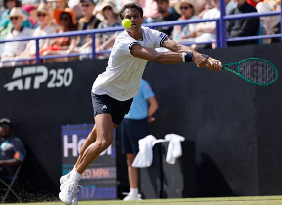 RECORD DATE NOT STATED 25th June 2026; Devonshire Park Lawn Tennis Club, Eastbourne, East Sussex, England; Lexus Eastbourne Open Tennis, Day Five; Gabriel Diallo (CAN) plays a backhand shot against Jack Draper (GBR) HongboxChen