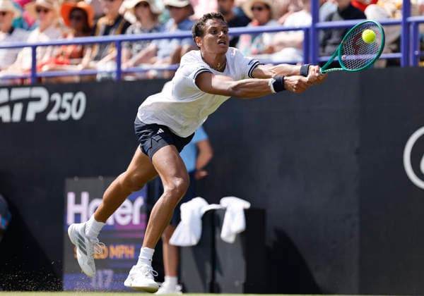 RECORD DATE NOT STATED 25th June 2026; Devonshire Park Lawn Tennis Club, Eastbourne, East Sussex, England; Lexus Eastbourne Open Tennis, Day Five; Gabriel Diallo (CAN) plays a backhand shot against Jack Draper (GBR) HongboxChen