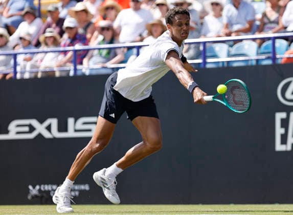 RECORD DATE NOT STATED 25th June 2026; Devonshire Park Lawn Tennis Club, Eastbourne, East Sussex, England; Lexus Eastbourne Open Tennis, Day Five; Gabriel Diallo (CAN) plays a backhand shot against Jack Draper (GBR) HongboxChen
