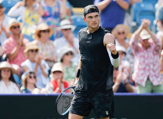 RECORD DATE NOT STATED 25th June 2026; Devonshire Park Lawn Tennis Club, Eastbourne, East Sussex, England; Lexus Eastbourne Open Tennis, Day Five; Jack Draper (GBR) celebrates after defeating Gabriel Diallo (CAN) HongboxChen