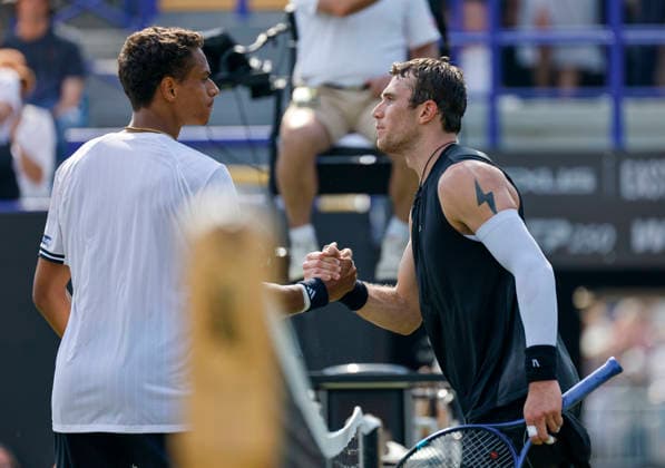 RECORD DATE NOT STATED 25th June 2026; Devonshire Park Lawn Tennis Club, Eastbourne, East Sussex, England; Lexus Eastbourne Open Tennis, Day Five; Jack Draper (GBR) shakes hands with Gabriel Diallo (CAN) after the match HongboxChen