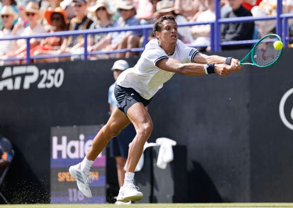 RECORD DATE NOT STATED 25th June 2026; Devonshire Park Lawn Tennis Club, Eastbourne, East Sussex, England; Lexus Eastbourne Open Tennis, Day Five; Gabriel Diallo (CAN) plays a backhand shot against Jack Draper (GBR) HongboxChen