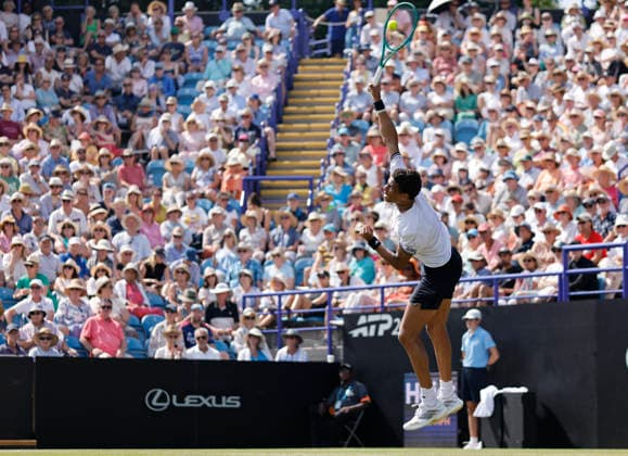 RECORD DATE NOT STATED 25th June 2026; Devonshire Park Lawn Tennis Club, Eastbourne, East Sussex, England; Lexus Eastbourne Open Tennis, Day Five; Gabriel Diallo (CAN) serves to Jack Draper (GBR) HongboxChen