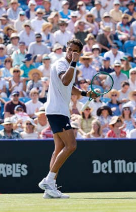 RECORD DATE NOT STATED 25th June 2026; Devonshire Park Lawn Tennis Club, Eastbourne, East Sussex, England; Lexus Eastbourne Open Tennis, Day Five; Gabriel Diallo (CAN) shows emotion in the match against Jack Draper (GBR) HongboxChen