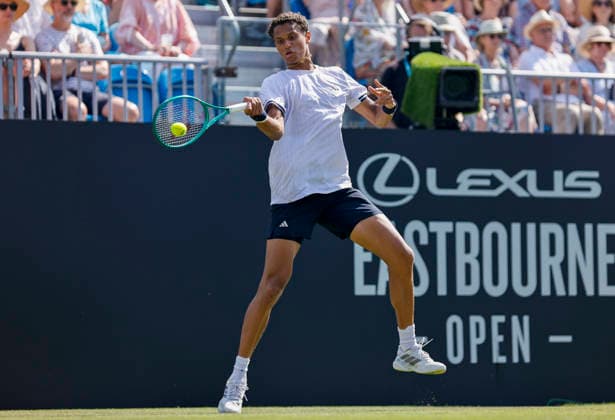 RECORD DATE NOT STATED 25th June 2026; Devonshire Park Lawn Tennis Club, Eastbourne, East Sussex, England; Lexus Eastbourne Open Tennis, Day Five; Gabriel Diallo (CAN) plays a forehand shot against Jack Draper (GBR) HongboxChen