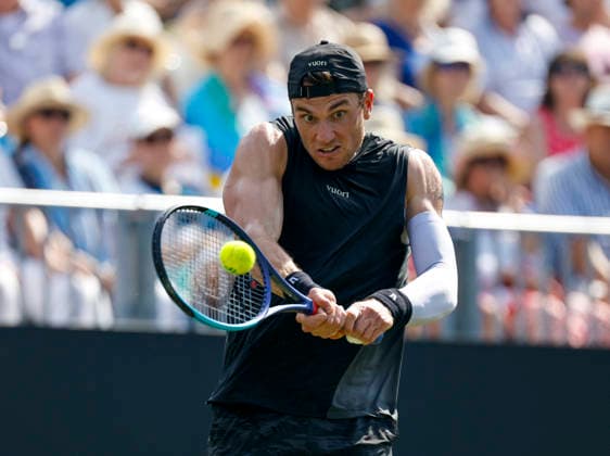 RECORD DATE NOT STATED 25th June 2026; Devonshire Park Lawn Tennis Club, Eastbourne, East Sussex, England; Lexus Eastbourne Open Tennis, Day Five; Jack Draper (GBR) plays a backhand against Gabriel Diallo (CAN) HongboxChen