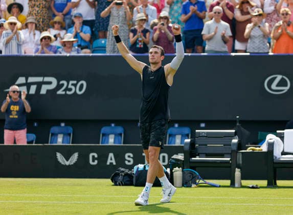 RECORD DATE NOT STATED 25th June 2026; Devonshire Park Lawn Tennis Club, Eastbourne, East Sussex, England; Lexus Eastbourne Open Tennis, Day Five; Jack Draper (GBR) celebrates after defeating Gabriel Diallo (CAN) HongboxChen
