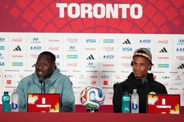 press conference, PK, Pressekonferenz ahead of Senegal v Iraq - 2026 FIFA World Cup, WM, Weltmeisterschaft, Fussball TORONTO, CANADA - JUNE 25 : Head Coach of Senegal Pape Thiaw (L) and Ismail Jakobs (R) attend a press conference one day ahead of their Group I match against Iraq at the 2026 FIFA World Cup in Toronto, Ontario, Canada on June 25, 2026. Mert Alper Dervis Anadolu Ontario Canada. Editorial use only. Please get in touch for any other usage.  Copyright: x2026xAnadoluxMertxAlperxDervisx