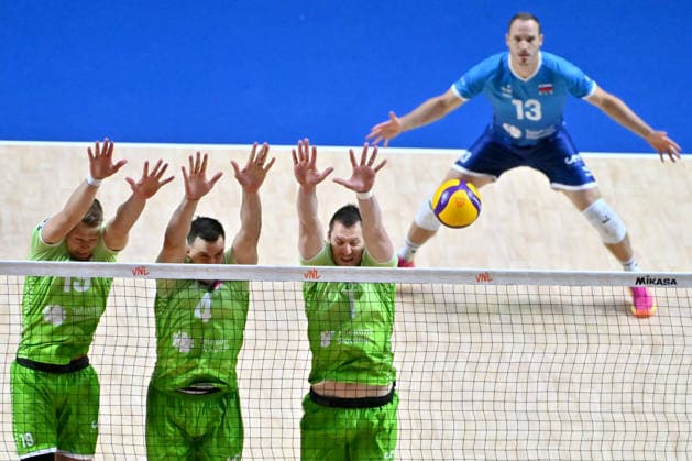 LJUBLJANA, SLOVENIA - JUNE 25: Slovenian block during the FIVB Men s Volleyball Nations League match between Slovenia and Bulgaria at Arena Stozice, Ljubljana on June 25, 2026 in Ljubljana, Slovenia. (Photo by Igor Kupljenik Sports Press Photo).  Copyright: xIgorxKupljenikx xSPPx Sportspressphoto_SPR176698