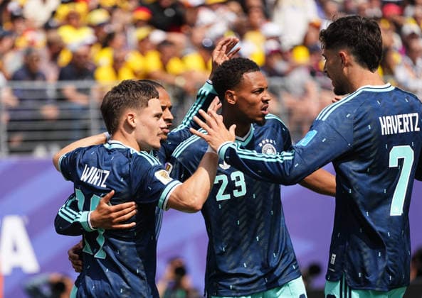 Leroy Sane (Germany) scores and celebrates his teams first goal during Ecuador and Germany, Group I FIFA World Cup, WM, Weltmeisterschaft, Fussball 2026, Met Life Stadium, New jersey, USA on June 25, 2026. Thor Wegner DeFodi Images. (Photo by DeFodi Images) - *** Leroy Sané of Germany scores and celebrates his team s first goal during the match between Ecuador and Germany in Group I of the 2026 FIFA World Cup at MetLife Stadium in New Jersey, USA, on June 25, 2026. Thor Wegner, DeFodi Images. Photo by DeFodi Images