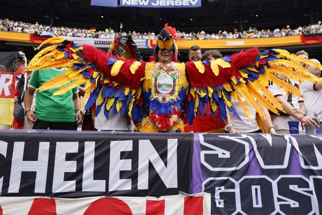 Ecuador v Germany: Group E - FIFA World Cup, WM, Weltmeisterschaft, Fussball 2026 Andreas Quebbemann fan of Germany wearing Indian, black, red, and gold feathered headdress in the stand before the FIFA World Cup 2026 Group C match between Brazil and Morocco at New York New Jersey Stadium on June 13, 2026 in East Rutherford, United States. East Rutherford New York New Jersey Stadium NJ United States Copyright: xAllstarxPicturexLibraryxLtdx