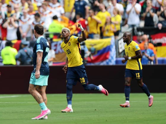 (260626) -- NEW JERSEY, June 26, 2026 -- Nilson Angulo (C) of Ecuador celebrates scoring during the group E match between Ecuador and Germany at the 2026 FIFA World Cup, WM, Weltmeisterschaft, Fussball at New York New Jersey Stadium in New Jersey, the United States, June 25, 2026. ) (SP)U.S.-NEW JERSEY-FOOTBALL-FIFA WORLD CUP-GROUP E-ECU VS GER CaoxCan 