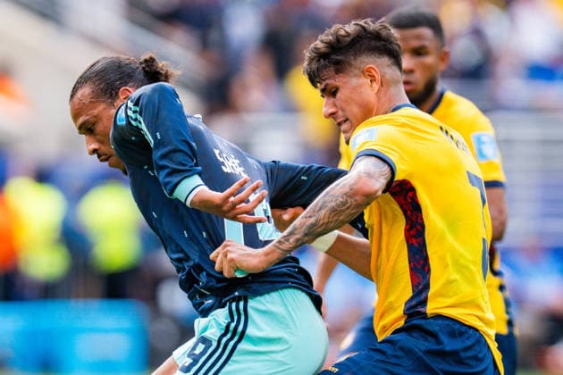 FIFA Fussball Weltmeisterschaft 2026, Gruppe E, Spiel 3, Ecuador vs Deutschand, 25.06.2026, Metlife-Stadion in New Jersey Leroy Sane (Deutschland) Piero Hincapie (Ecuador) *** 2026 FIFA World Cup, Group E, Match 3, Ecuador vs. Germany, June 25, 2026, MetLife Stadium in New Jersey: Leroy Sané (Germany), Piero Hincapie (Ecuador) Copyright: xBahhoxKarax